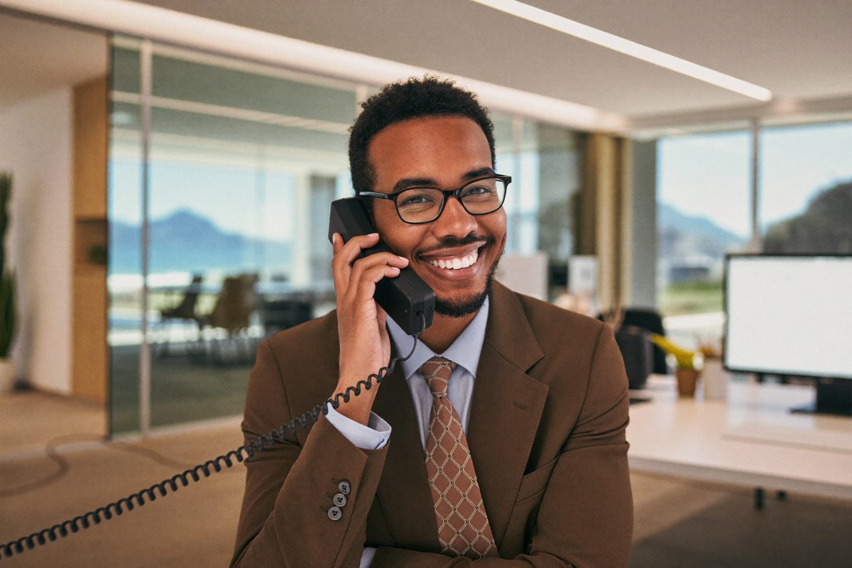 Corretora da Eu Quero Imóveis ao telefone no escritório
